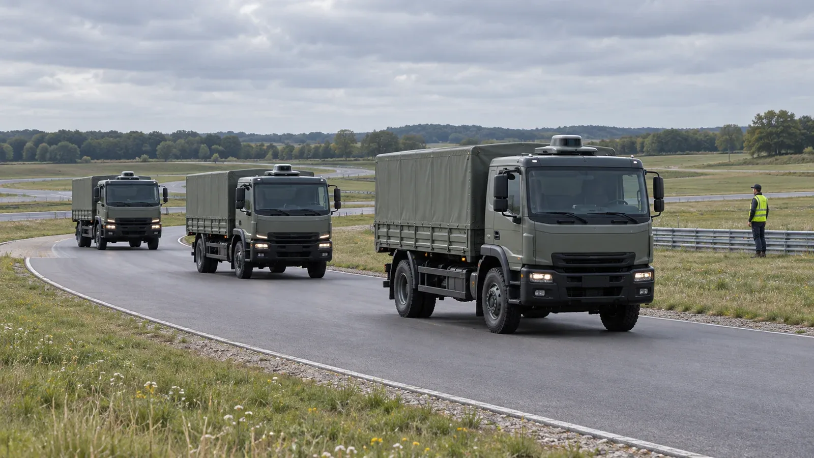 Three unbranded trucks with roof sensors form a convoy on a curved test track while a technician watches from the grass.