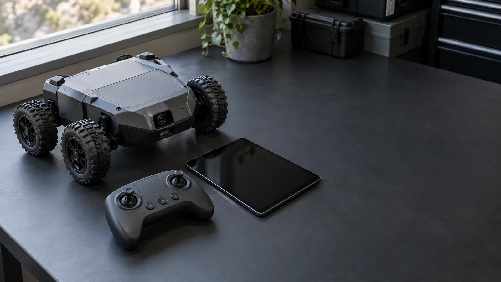 Unbranded ground rover, handheld controller and dark-screen tablet on a charcoal workbench beside a window.