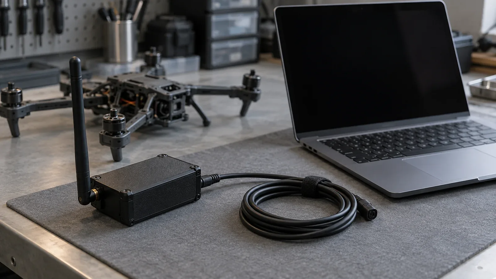 Unbranded telemetry radio and coiled cable beside a dark-screen laptop and propeller-free drone on a workshop bench.