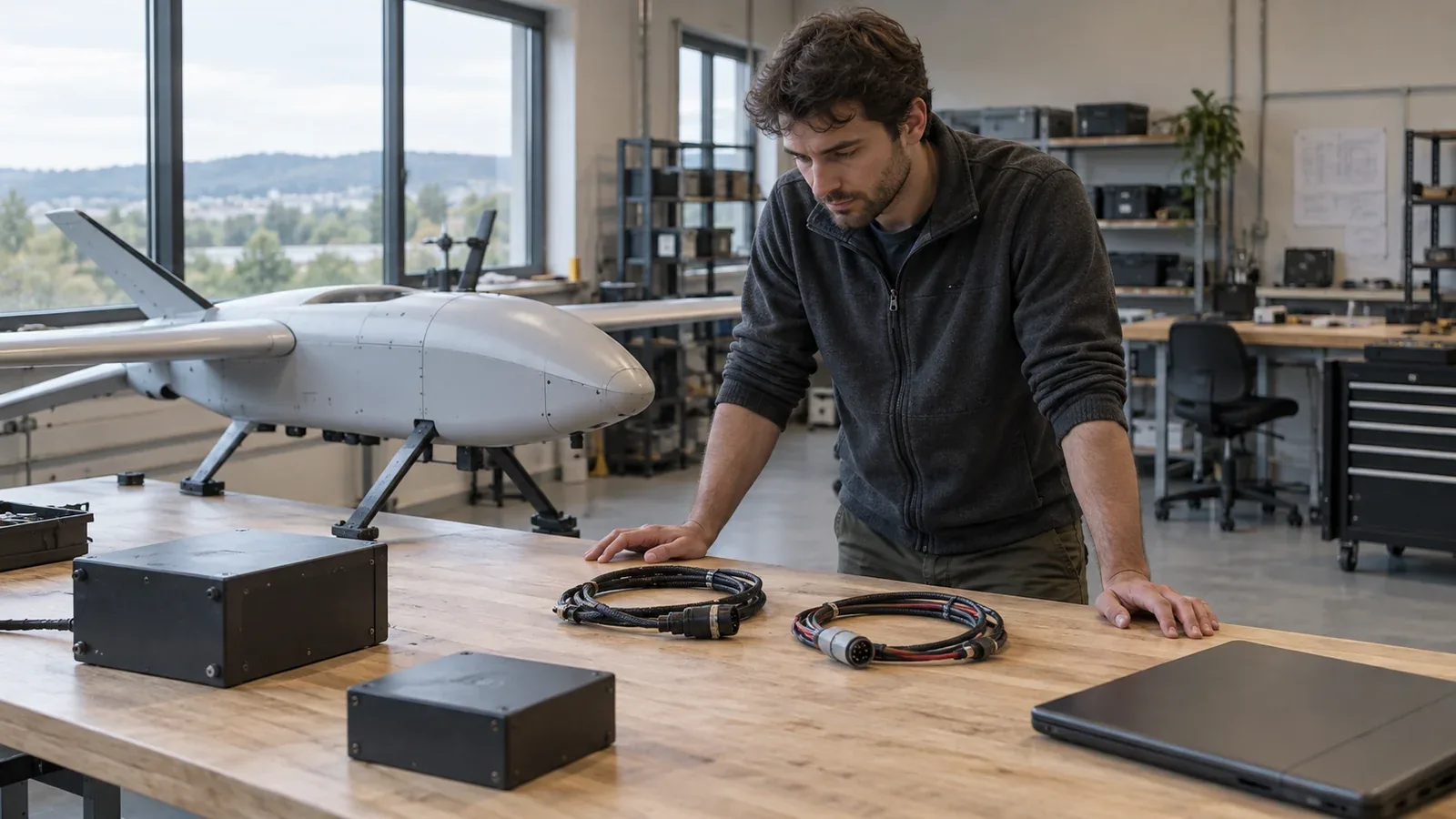 Technician examines disconnected cable harnesses on a workshop bench beside an unbranded unmanned aircraft and closed laptop.