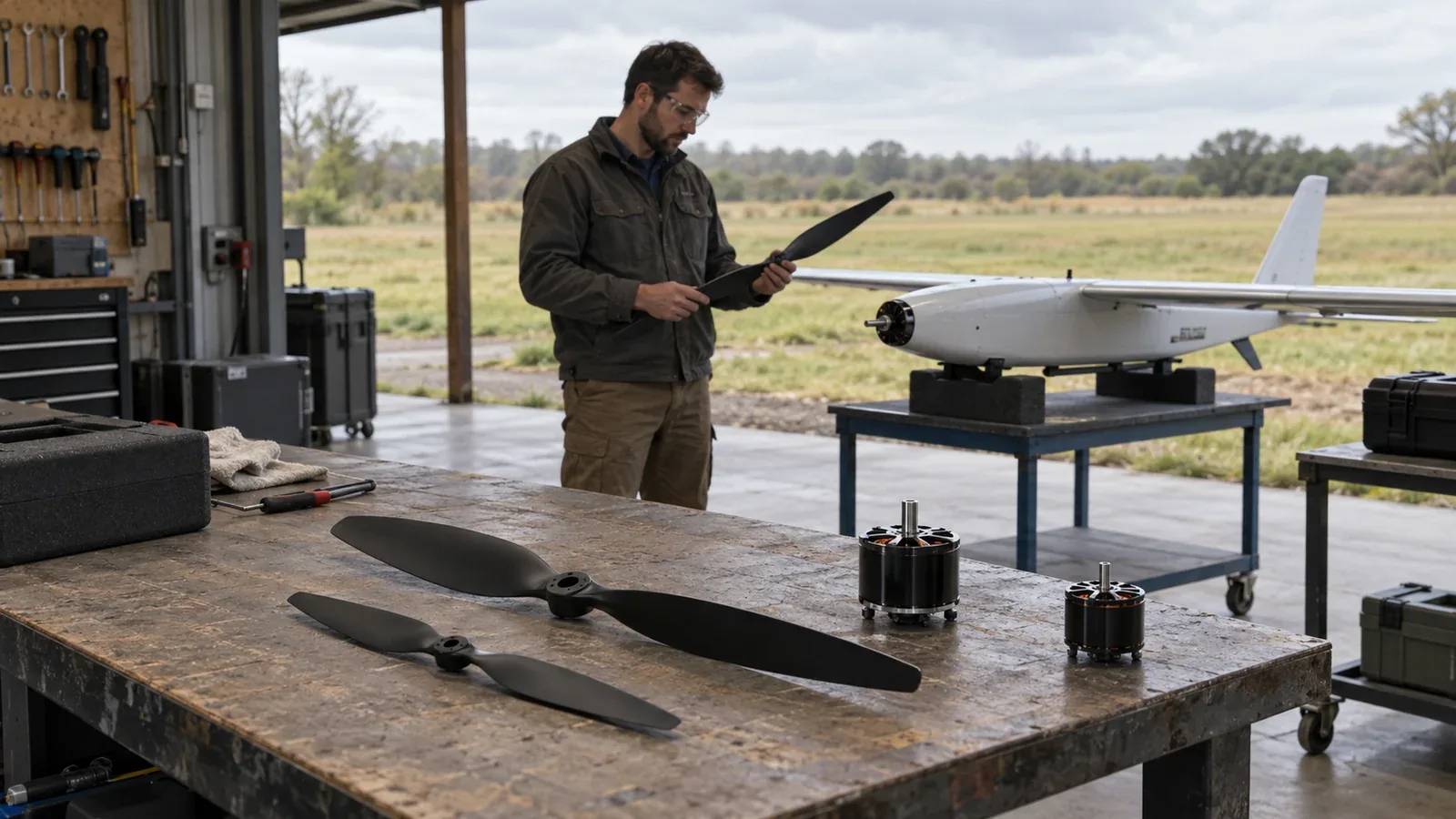 Technician inspects a detached propeller beside a fixed-wing UAS in an open workshop, with two propellers and electric motors on a foreground workbench under overcast daylight.