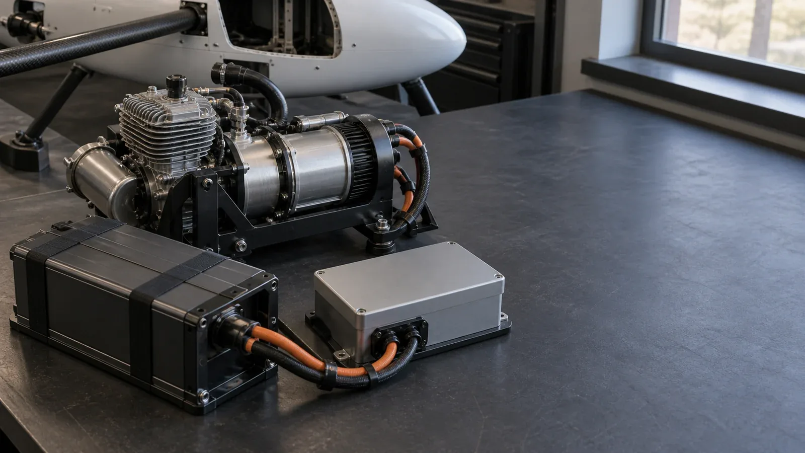 Unbranded engine-generator, battery enclosure and power module on a charcoal workbench beside an unmanned aircraft fuselage.