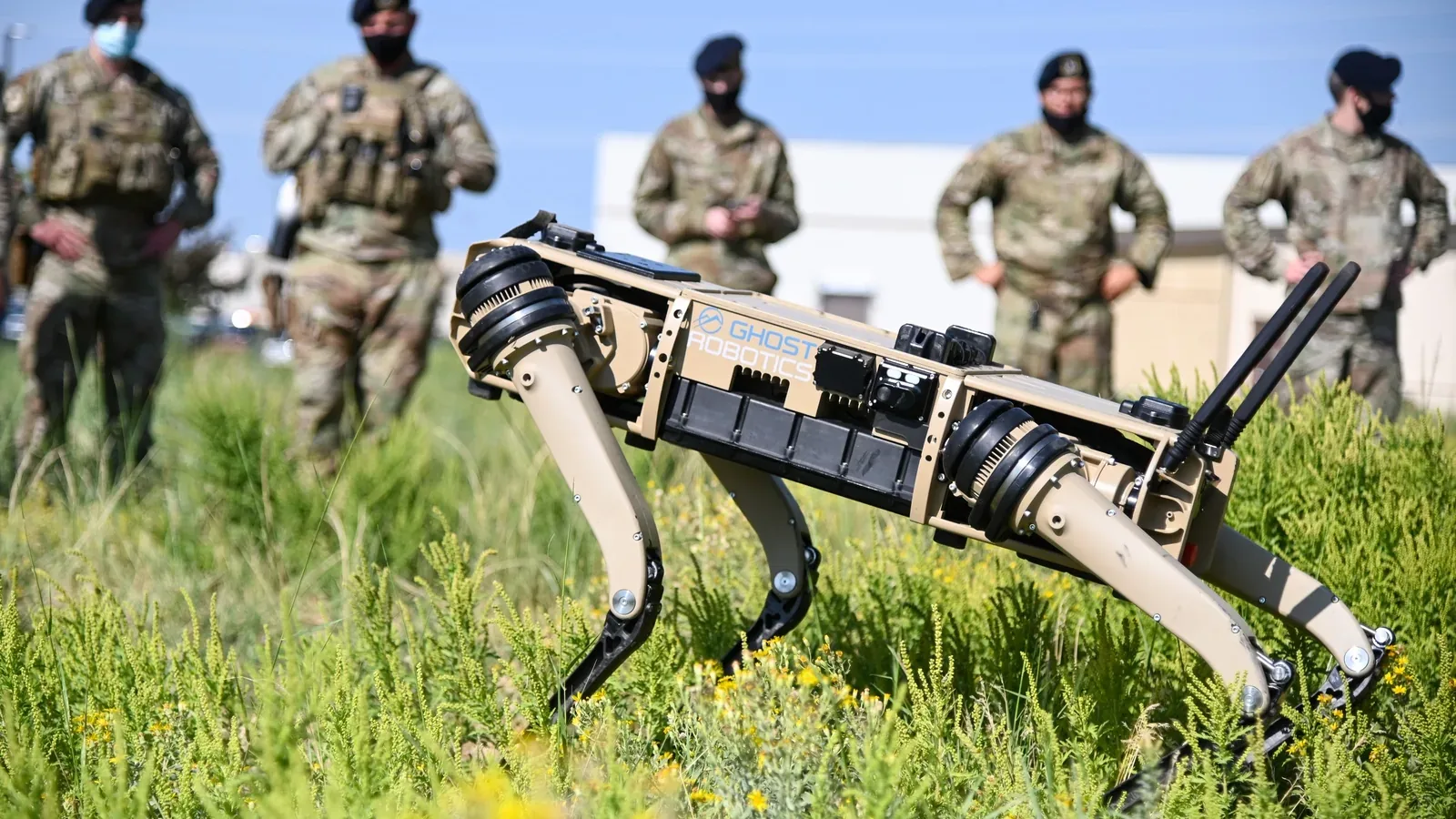 A four-legged ground robot walking through grass with personnel observing behind it.