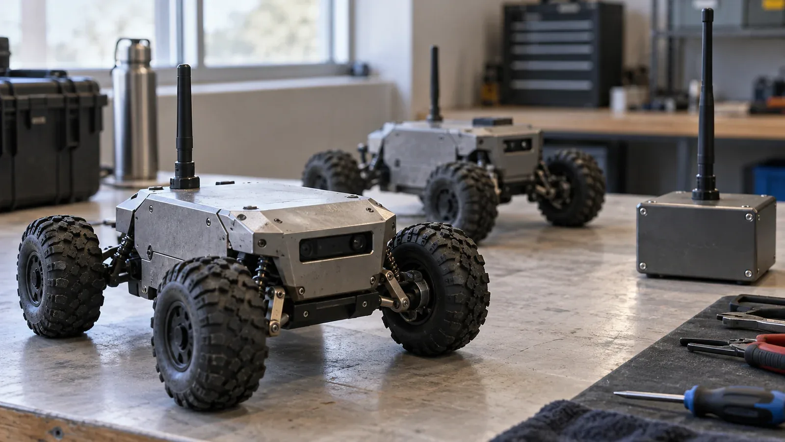 Two unbranded wheeled robots with antennas beside a radio relay enclosure on a workshop bench.