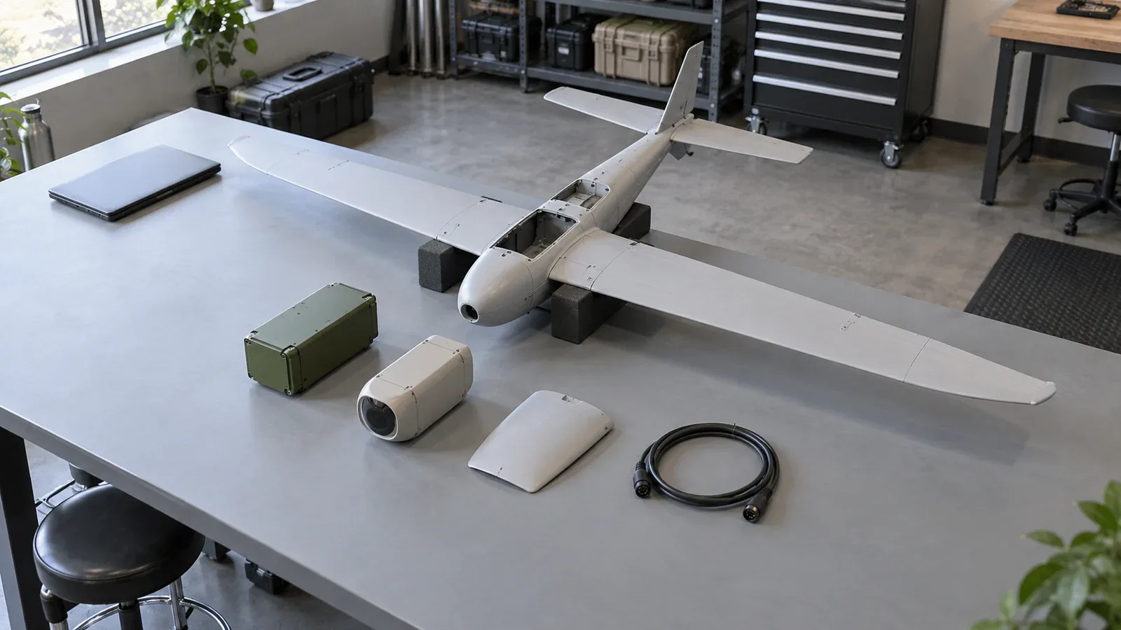 High-angle view of an unbranded fixed-wing UAS on padded supports, with separated payload modules, an access cover and a coiled cable on a daylight workshop bench.