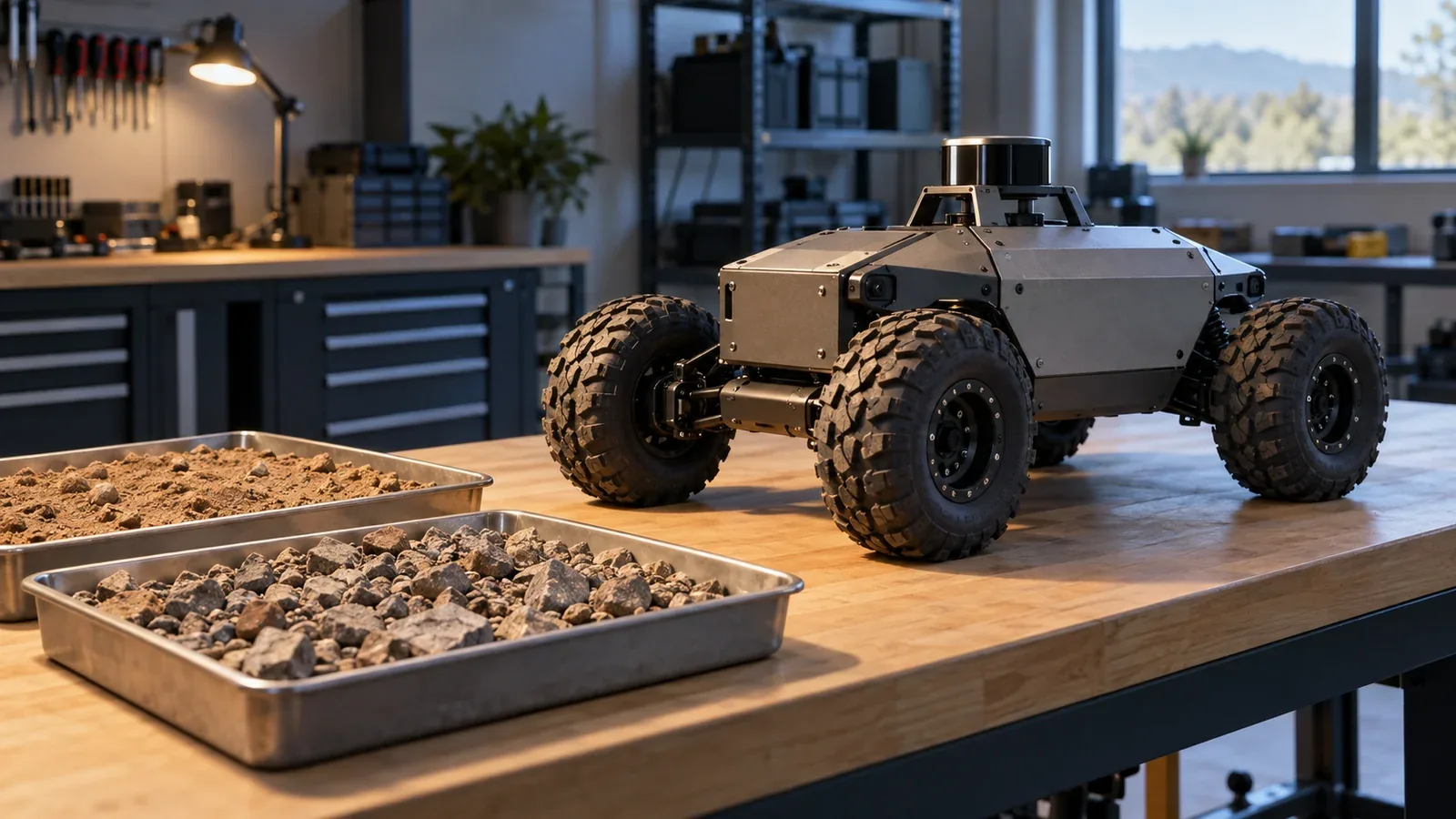 Unbranded four-wheel ground robot beside trays of sand and gravel on a warmly lit workshop bench.