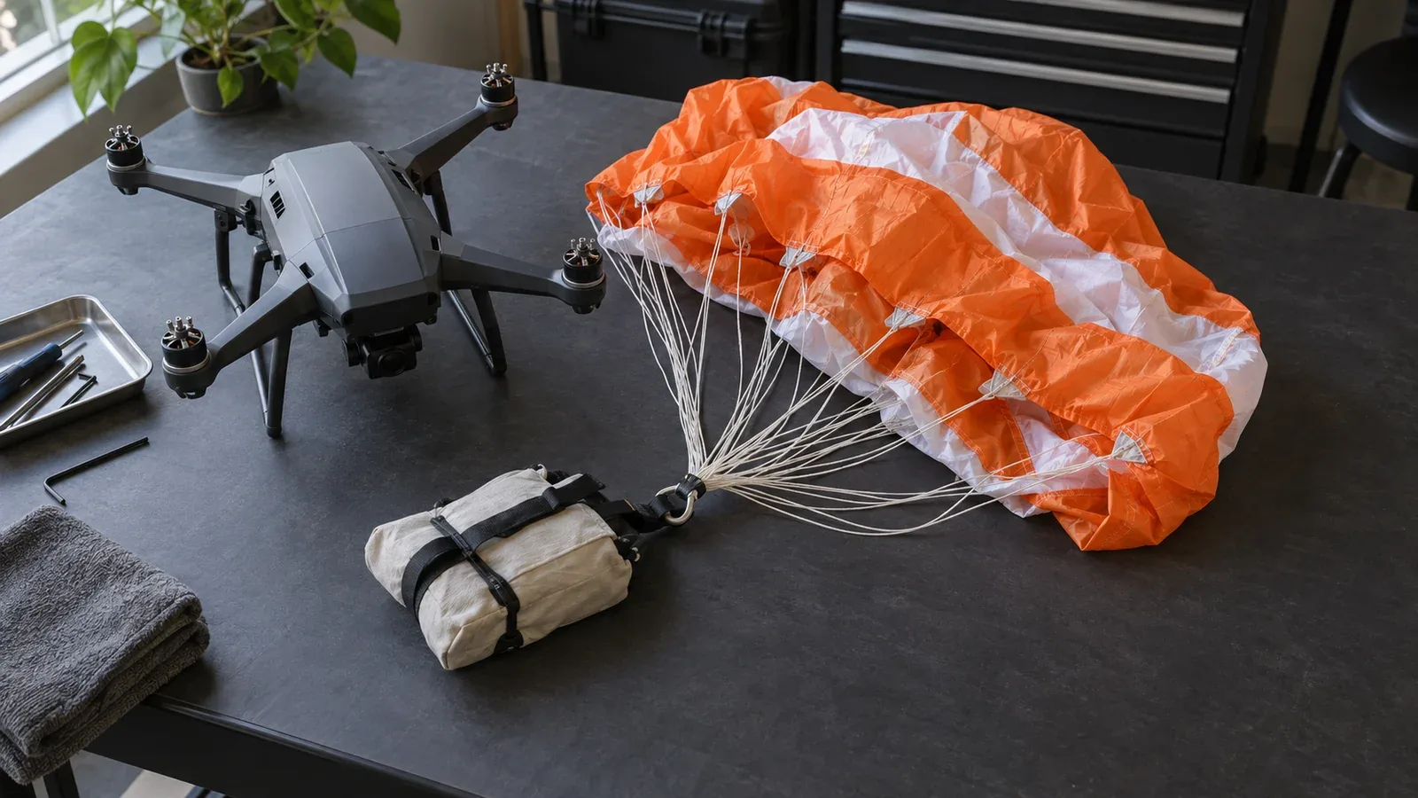 Unbranded drone with propellers removed beside an orange-and-white parachute, suspension lines and fabric pack on a charcoal workbench.