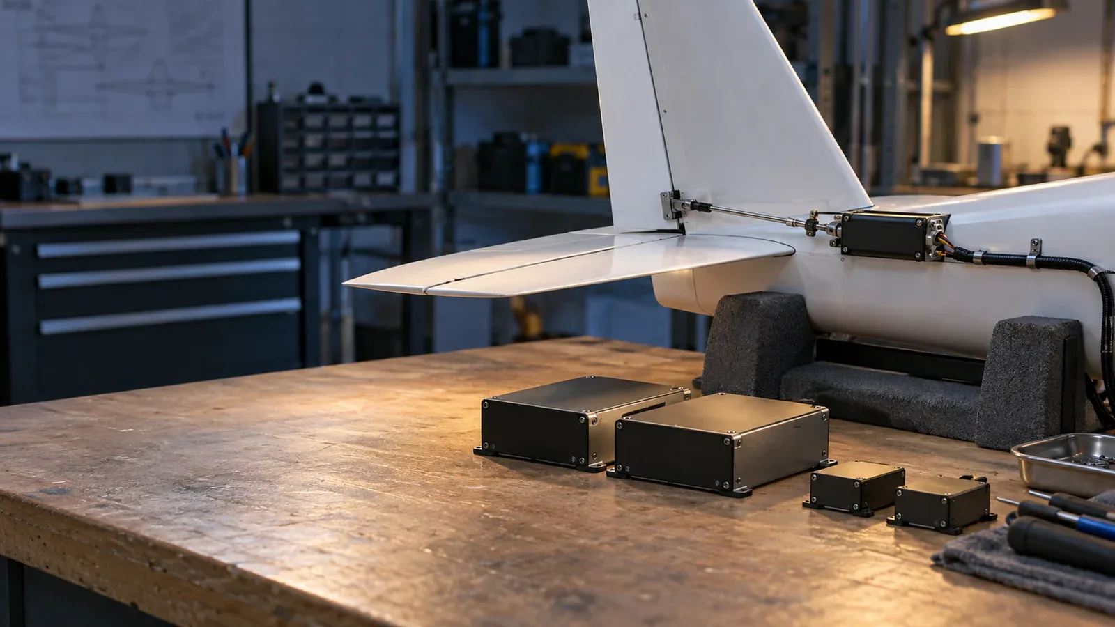 Warm task light illuminates an unbranded aircraft tail assembly with an exposed actuator linkage and four enclosed electronic modules on a workbench.