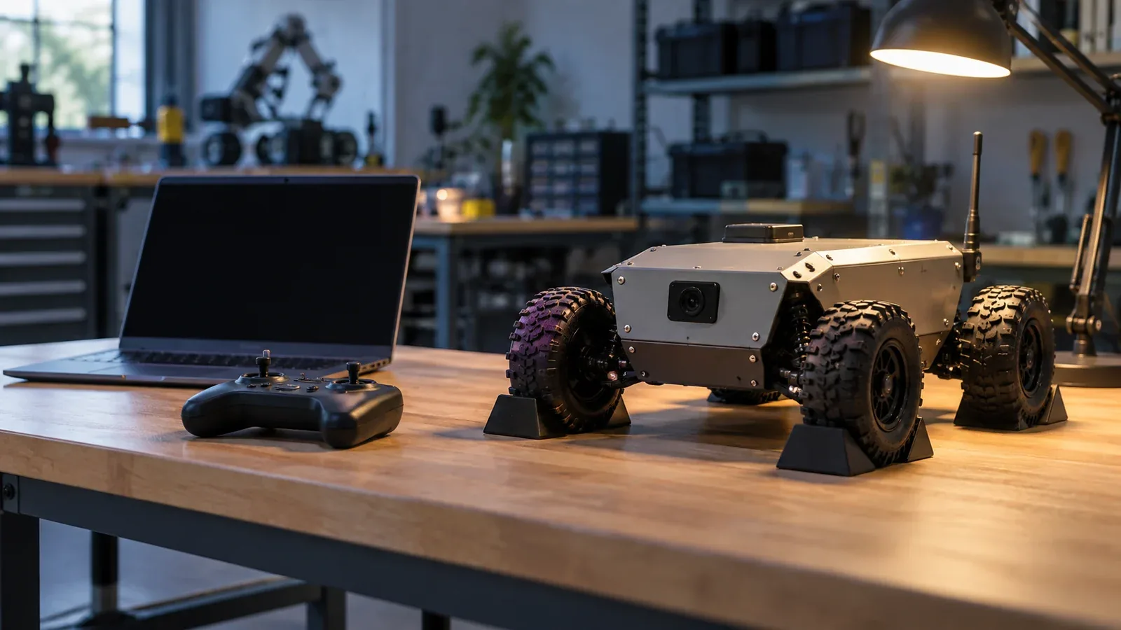Unbranded wheeled ground robot secured with wheel chocks beside a dark laptop and remote controller on a warmly lit workbench.