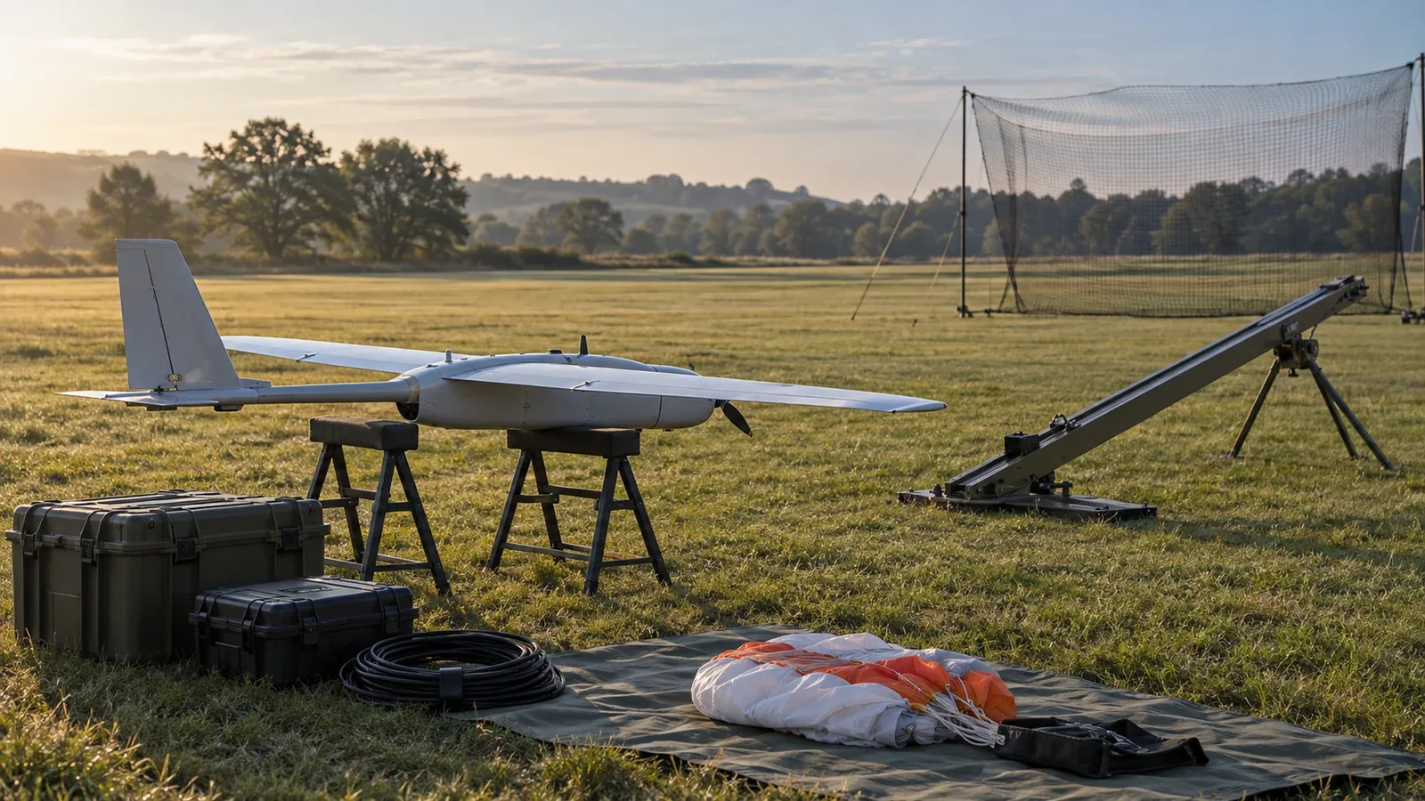 Unbranded fixed-wing UAS on padded stands beside a launch rail, capture net, parachute and organized equipment in morning light.