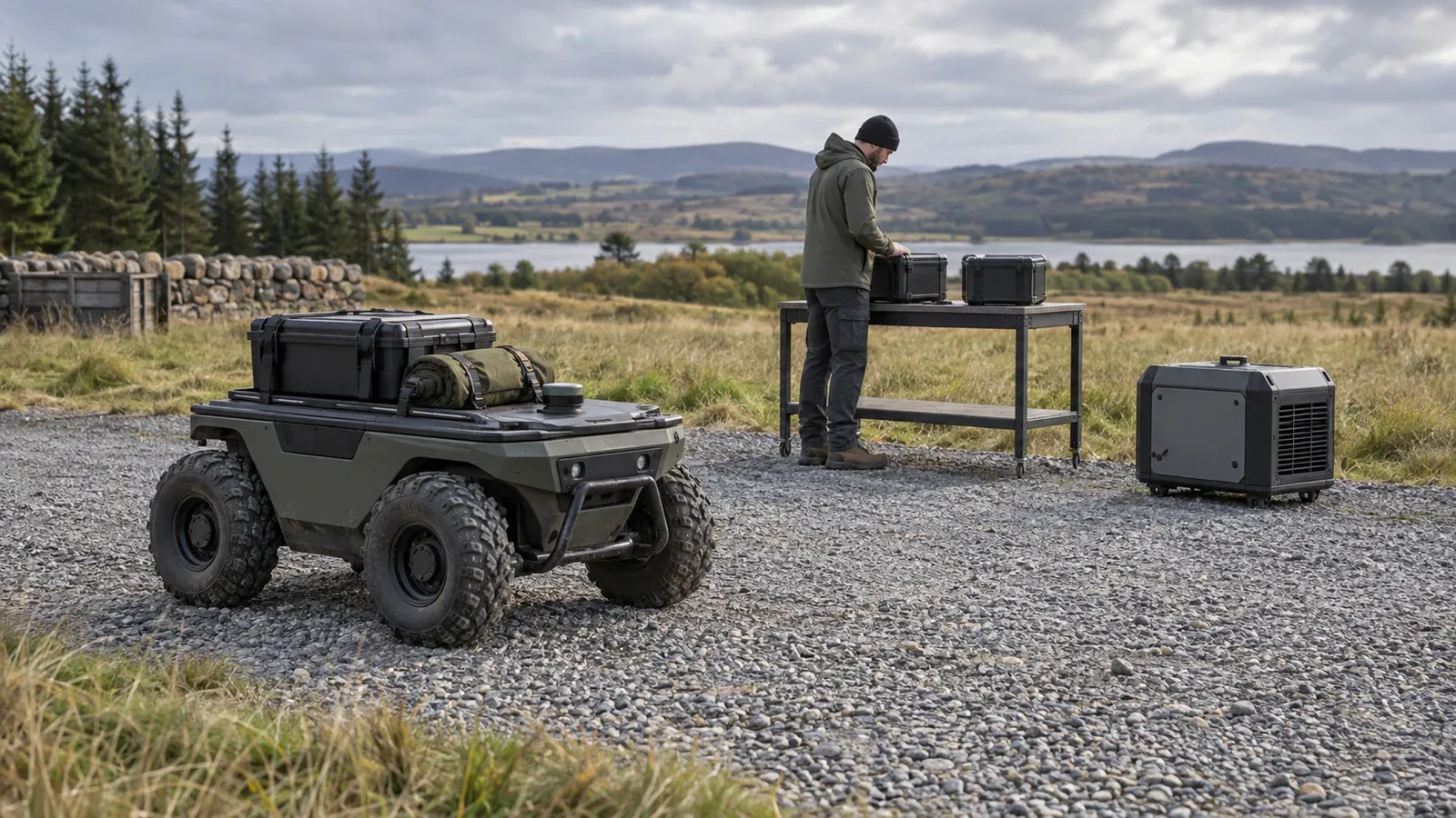 A utility ground rover carries equipment beside a technician checking rugged cases at an outdoor workbench, with a portable generator nearby.