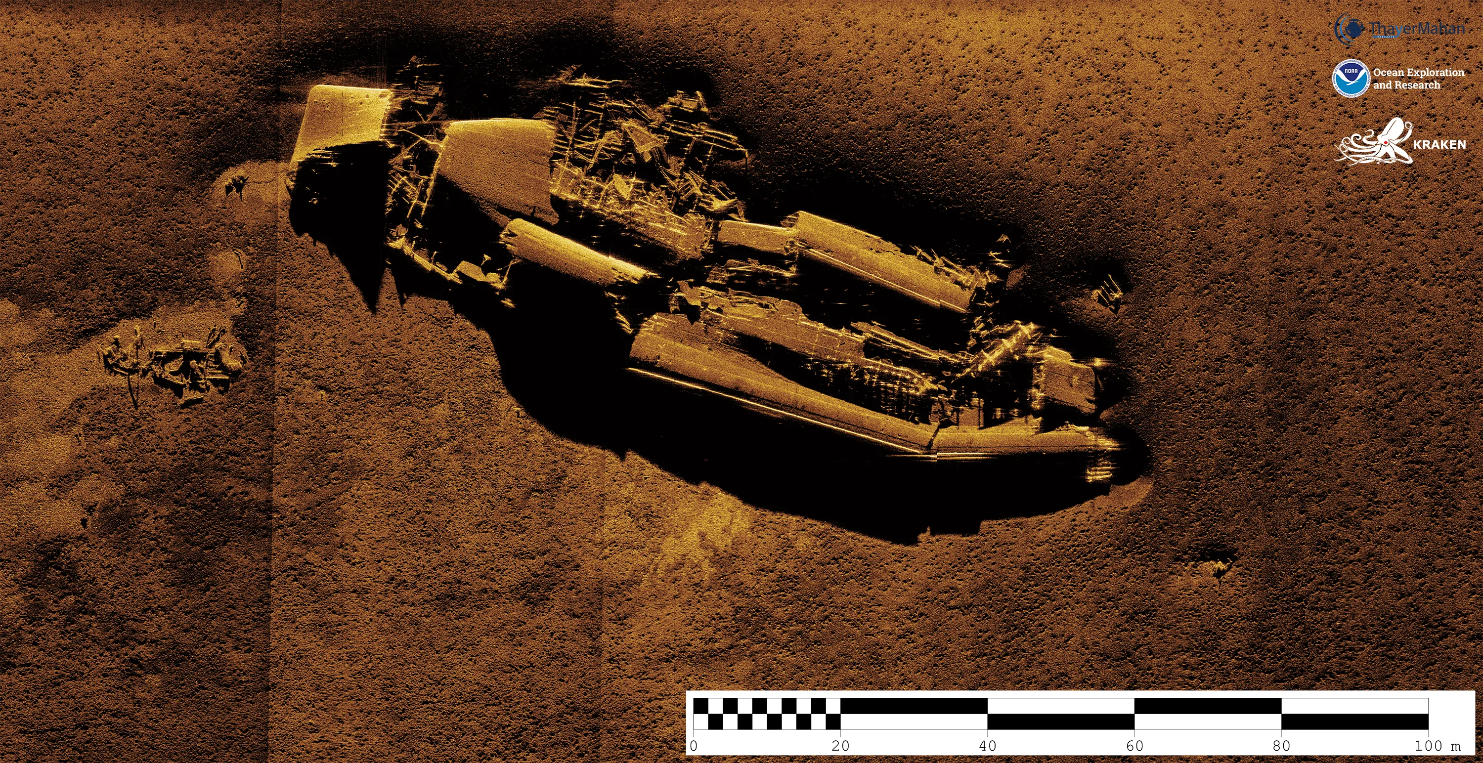 Gold-toned synthetic aperture sonar image showing a broken shipwreck, surrounding seabed, acoustic shadows, and a scale bar